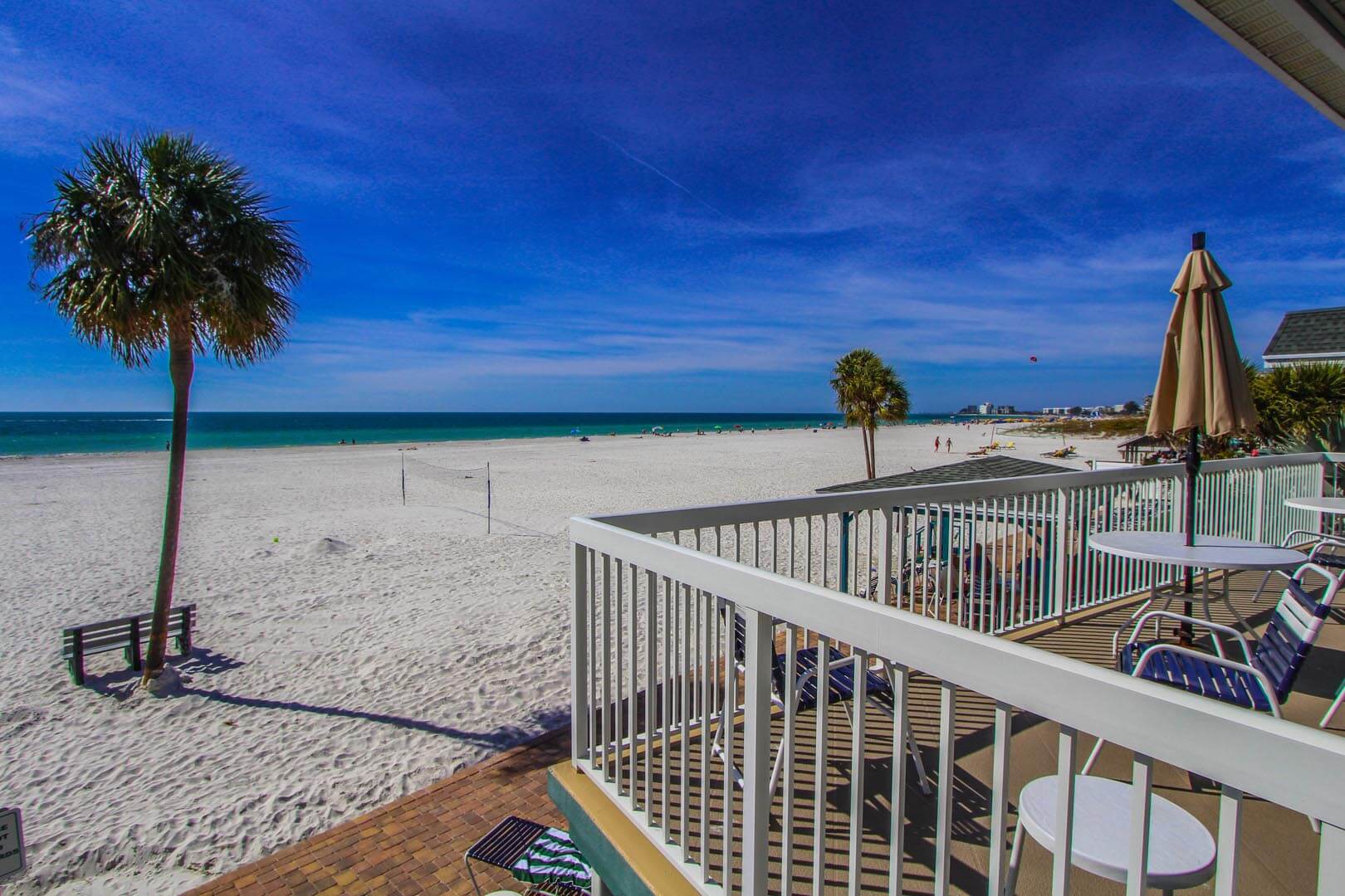 A balcony view to the beach at VRI's Mariner Beach Club in St. Pete Beach, Florida.